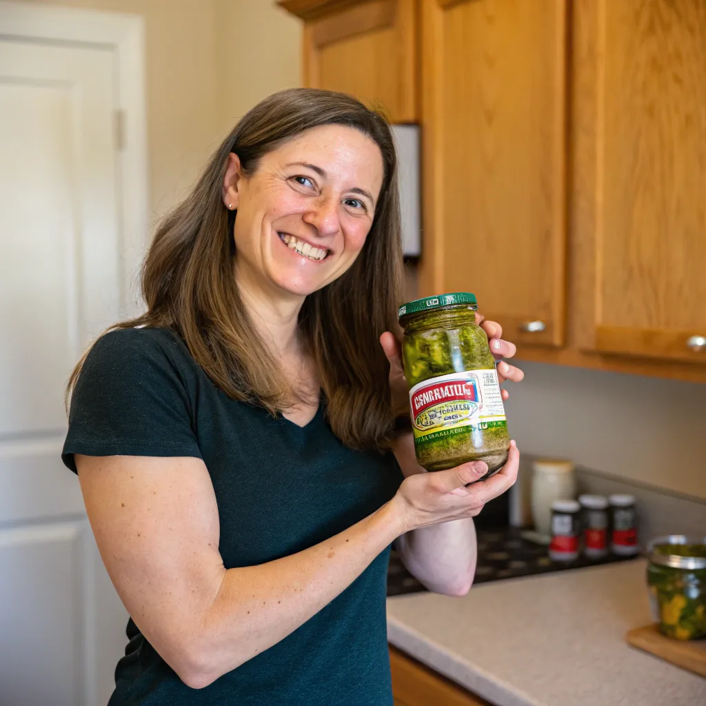 Smiling woman holding a jar of pickles