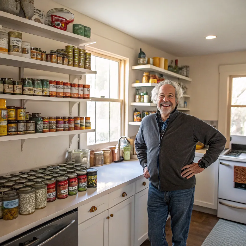 Happy man standing in his kitchen with canned goods