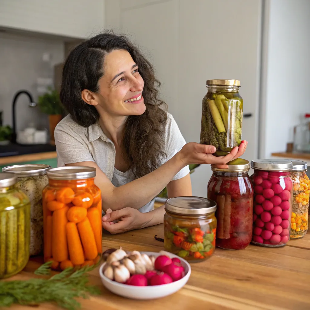 Woman displaying an array of pickled vegetables
